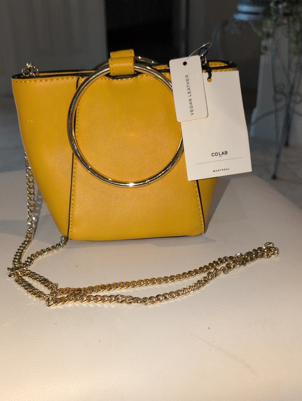 Yellow Vegan Leather Ring-Handle Crossbody Bag